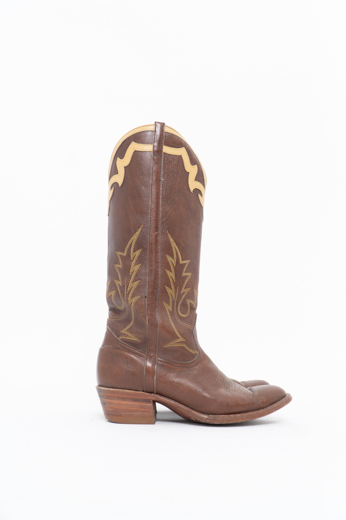 Vintage x BOULET Brown, Cream Leather Cowboy Boot (9, 9.5W)