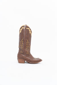 Vintage x BOULET Brown, Cream Leather Cowboy Boot (9, 9.5W)