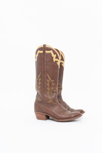 Vintage x BOULET Brown, Cream Leather Cowboy Boot (9, 9.5W)