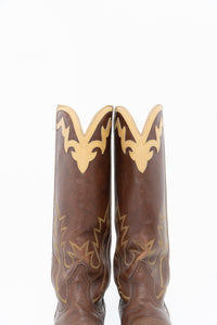 Vintage x BOULET Brown, Cream Leather Cowboy Boot (9, 9.5W)