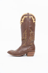 Vintage x BOULET Brown, Cream Leather Cowboy Boot (9, 9.5W)