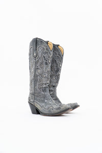 Vintage x CORRAL Grey Studded Leather Cowboy Boot (5-6W)