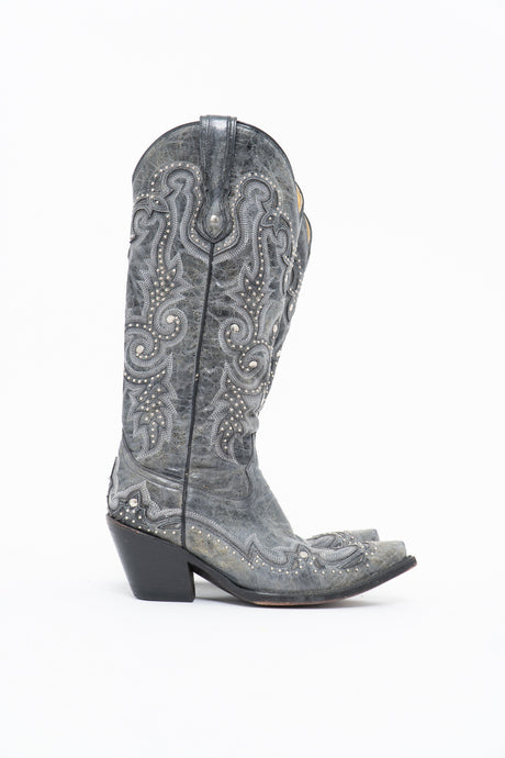 Vintage x CORRAL Grey Studded Leather Cowboy Boot (5-6W)