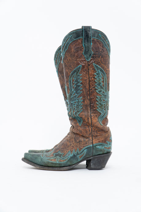Vintage x CORRAL Brown, Green Eagle Embroidered Cowboy Boot (7-8W)