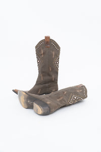 Vintage x SOPHYA Brown Distressed Rhinestone Denim, Leather Cowboy Boot (7-8W)