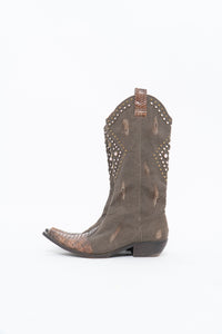 Vintage x SOPHYA Brown Distressed Rhinestone Denim, Leather Cowboy Boot (7-8W)