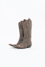Load image into Gallery viewer, Vintage x SOPHYA Brown Distressed Rhinestone Denim, Leather Cowboy Boot (7-8W)