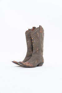 Vintage x SOPHYA Brown Distressed Rhinestone Denim, Leather Cowboy Boot (7-8W)