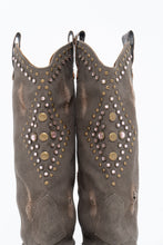 Load image into Gallery viewer, Vintage x SOPHYA Brown Distressed Rhinestone Denim, Leather Cowboy Boot (7-8W)
