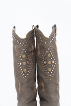 Load image into Gallery viewer, Vintage x SOPHYA Brown Distressed Rhinestone Denim, Leather Cowboy Boot (7-8W)
