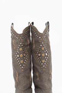 Vintage x SOPHYA Brown Distressed Rhinestone Denim, Leather Cowboy Boot (7-8W)