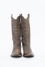 Load image into Gallery viewer, Vintage x SOPHYA Brown Distressed Rhinestone Denim, Leather Cowboy Boot (7-8W)