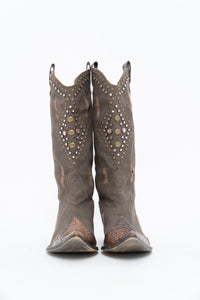 Vintage x SOPHYA Brown Distressed Rhinestone Denim, Leather Cowboy Boot (7-8W)