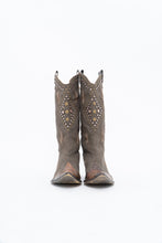 Load image into Gallery viewer, Vintage x SOPHYA Brown Distressed Rhinestone Denim, Leather Cowboy Boot (7-8W)
