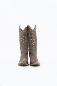 Vintage x SOPHYA Brown Distressed Rhinestone Denim, Leather Cowboy Boot (7-8W)