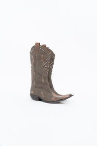 Vintage x SOPHYA Brown Distressed Rhinestone Denim, Leather Cowboy Boot (7-8W)