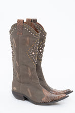 Load image into Gallery viewer, Vintage x SOPHYA Brown Distressed Rhinestone Denim, Leather Cowboy Boot (7-8W)