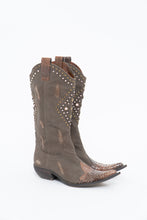 Load image into Gallery viewer, Vintage x SOPHYA Brown Distressed Rhinestone Denim, Leather Cowboy Boot (7-8W)
