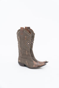 Vintage x SOPHYA Brown Distressed Rhinestone Denim, Leather Cowboy Boot (7-8W)