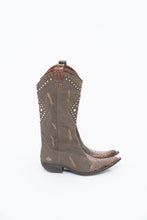 Load image into Gallery viewer, Vintage x SOPHYA Brown Distressed Rhinestone Denim, Leather Cowboy Boot (7-8W)