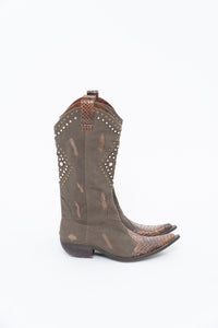 Vintage x SOPHYA Brown Distressed Rhinestone Denim, Leather Cowboy Boot (7-8W)