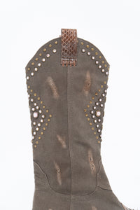 Vintage x SOPHYA Brown Distressed Rhinestone Denim, Leather Cowboy Boot (7-8W)