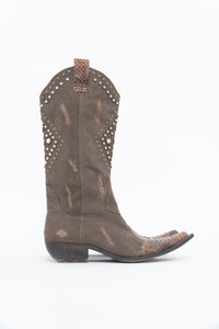 Vintage x SOPHYA Brown Distressed Rhinestone Denim, Leather Cowboy Boot (7-8W)