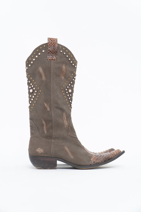 Vintage x SOPHYA Brown Distressed Rhinestone Denim, Leather Cowboy Boot (7-8W)