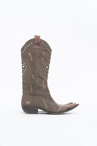Vintage x SOPHYA Brown Distressed Rhinestone Denim, Leather Cowboy Boot (7-8W)