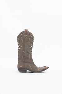 Vintage x SOPHYA Brown Distressed Rhinestone Denim, Leather Cowboy Boot (7-8W)
