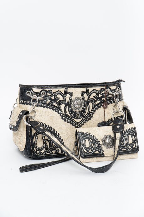Vintage x Cream, Black Embossed Western Purse, Wallet Set