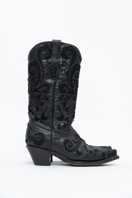 Vintage x CORRAL Black Leather, Lace Cowboy Boot (8W)