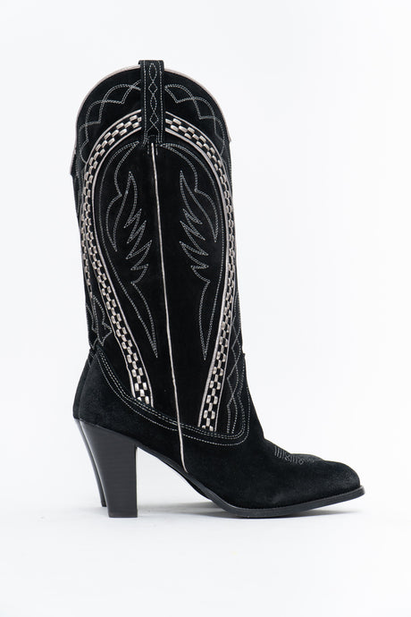 Vintage x VERY VOLATILE Black Suede Embroidered Heeled Cowboy Boot (7-8W)