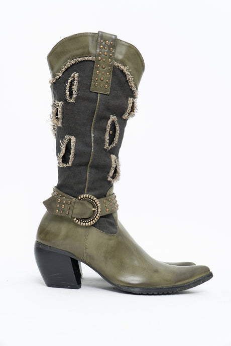 Modern x LUVSHOES Denim Distressed Faux Leather Cowboy Boot (7-7.5W)