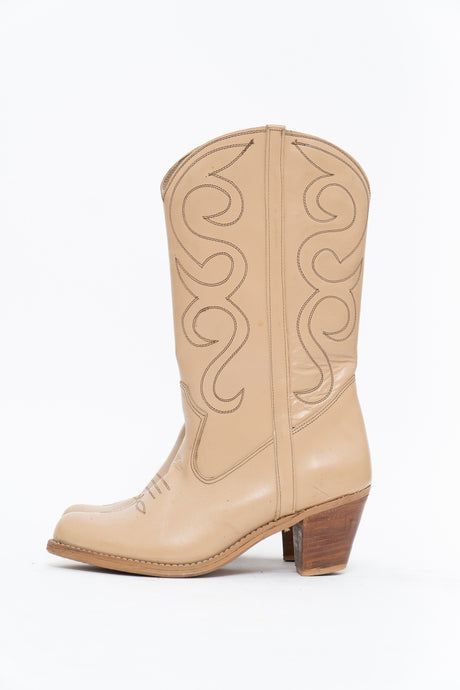 Vintage x Beige Embroidered Structured Leather Cowboy Boot (6W)