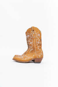 Vintage x PANCO PIONEER Orange Floral Embroidered Leather Cowboy Boot (6, 6.5W)