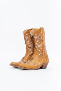 Vintage x PANCO PIONEER Orange Floral Embroidered Leather Cowboy Boot (6, 6.5W)