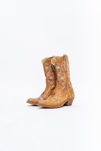Vintage x PANCO PIONEER Orange Floral Embroidered Leather Cowboy Boot (6, 6.5W)