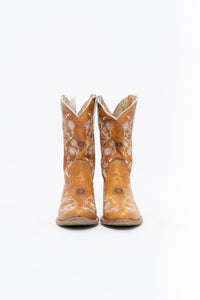Vintage x PANCO PIONEER Orange Floral Embroidered Leather Cowboy Boot (6, 6.5W)
