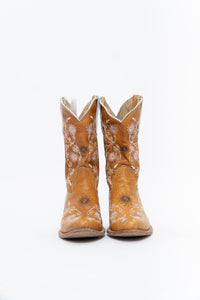 Vintage x PANCO PIONEER Orange Floral Embroidered Leather Cowboy Boot (6, 6.5W)
