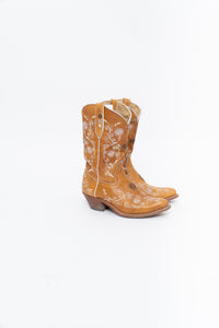 Vintage x PANCO PIONEER Orange Floral Embroidered Leather Cowboy Boot (6, 6.5W)
