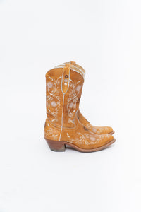 Vintage x PANCO PIONEER Orange Floral Embroidered Leather Cowboy Boot (6, 6.5W)