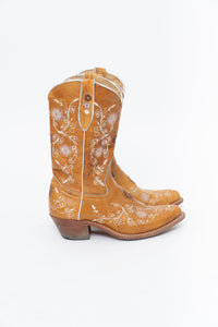 Vintage x PANCO PIONEER Orange Floral Embroidered Leather Cowboy Boot (6, 6.5W)