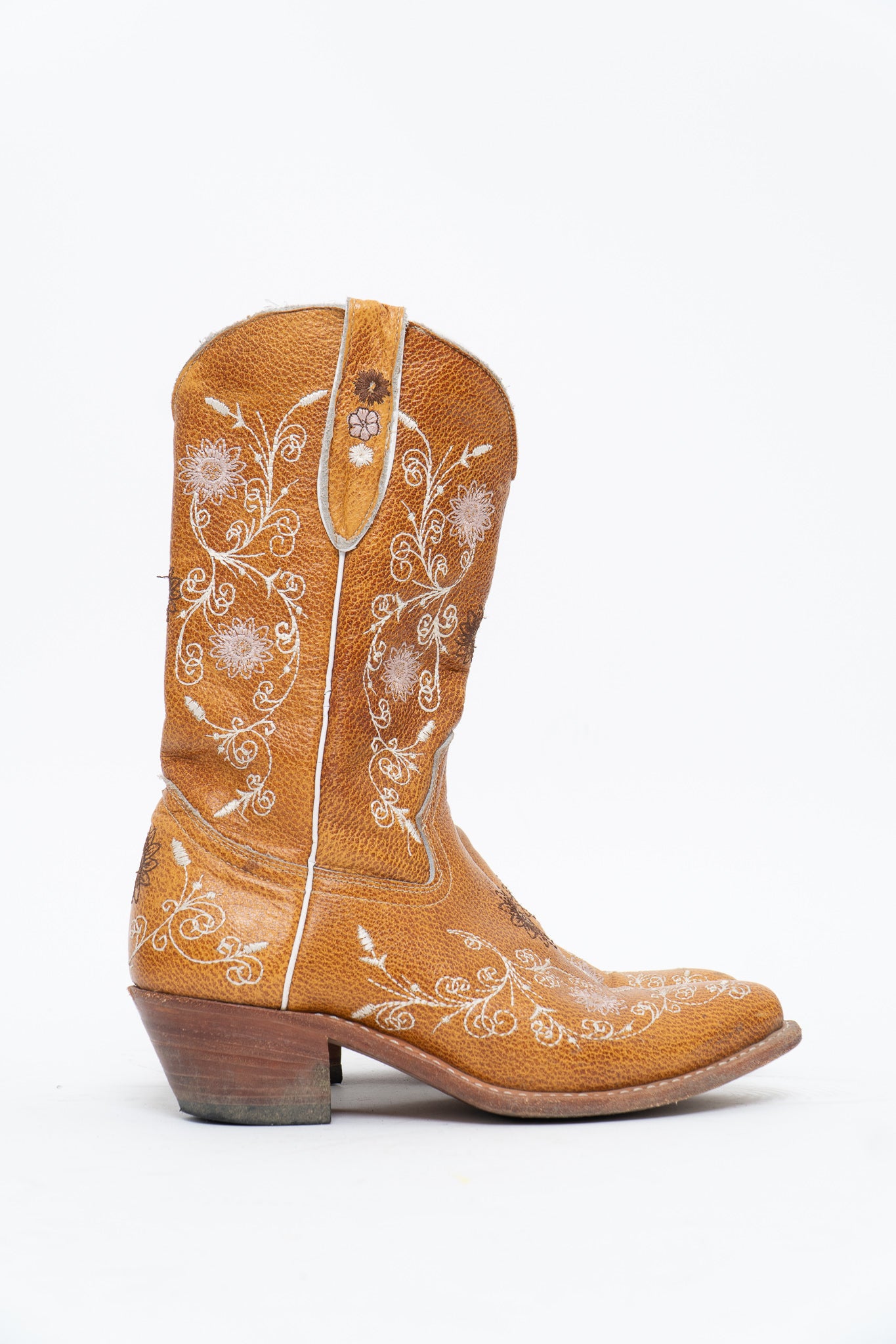 Vintage x PANCO PIONEER Orange Floral Embroidered Leather Cowboy Boot (6, 6.5W)