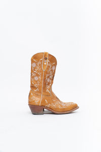 Vintage x PANCO PIONEER Orange Floral Embroidered Leather Cowboy Boot (6, 6.5W)