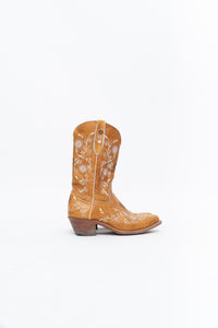 Vintage x PANCO PIONEER Orange Floral Embroidered Leather Cowboy Boot (6, 6.5W)