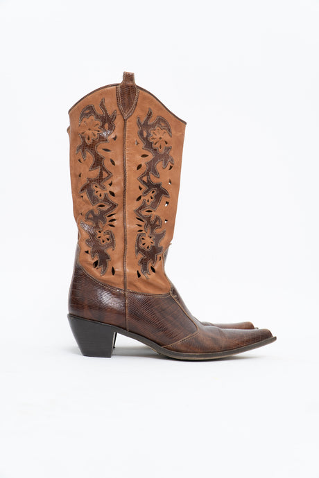 Vintage x ARNOLD CHURGIN Tan, Brown Cutout Leather Cowboy Boot (39W)
