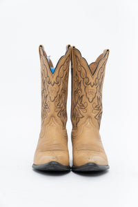Vintage x ARIAT Beige, Black Embroidered Cowboy Boot (7.5W)