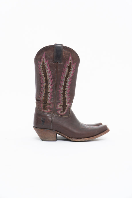 Vintage x FRYE Brown, Pink Leather Embroidered Cowboy Boot (7-7.5W)