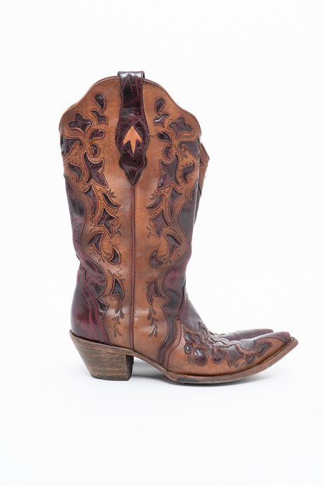 Vintage x CORRAL Burgundy, Tan Cutout Leather Cowboy Boot (9-10W)
